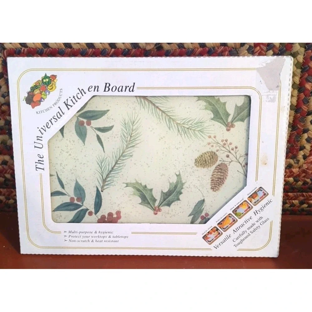 NOS The Universal Kitchen Board Multiple uses ,Safety Glass, Holiday Holly